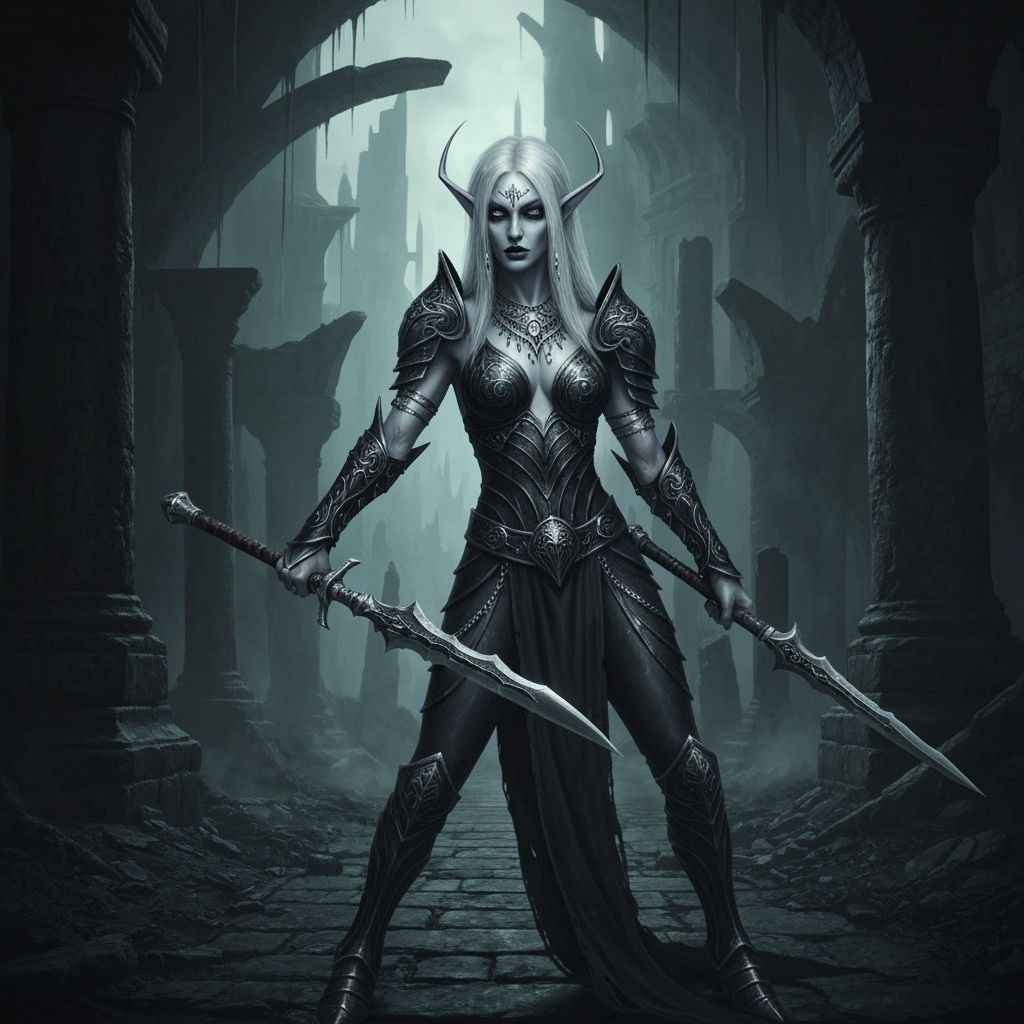Drow Elf Warrior in Forgotten City, Dark Fantasy Art