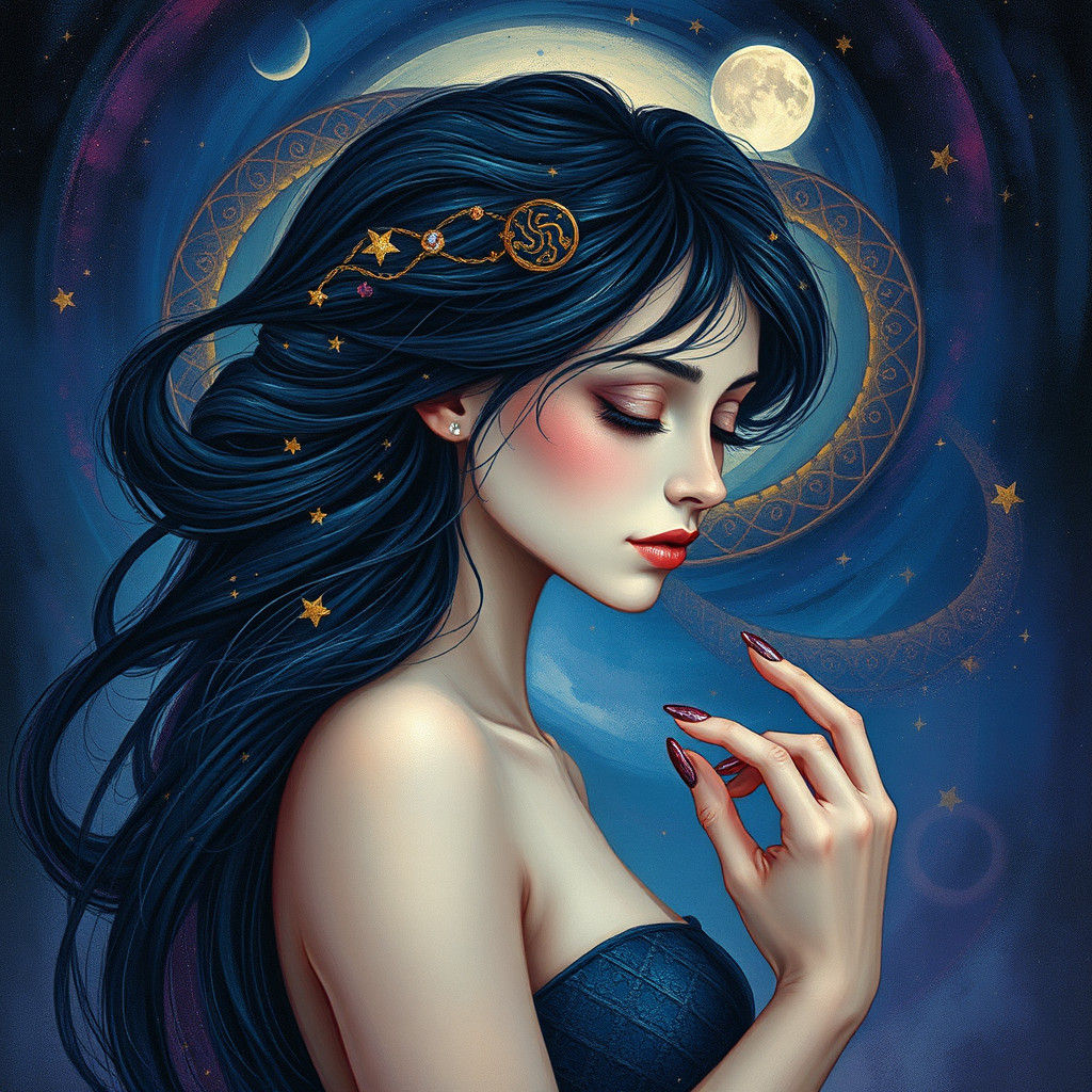 Dreamy Woman with Celestial Aura in Whimsical Style