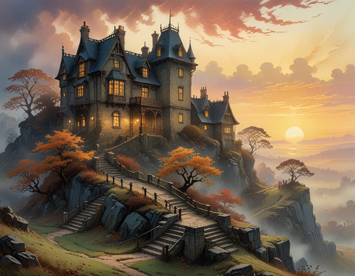 Whimsical Watercolor Manor on a Misty Autumn Hill