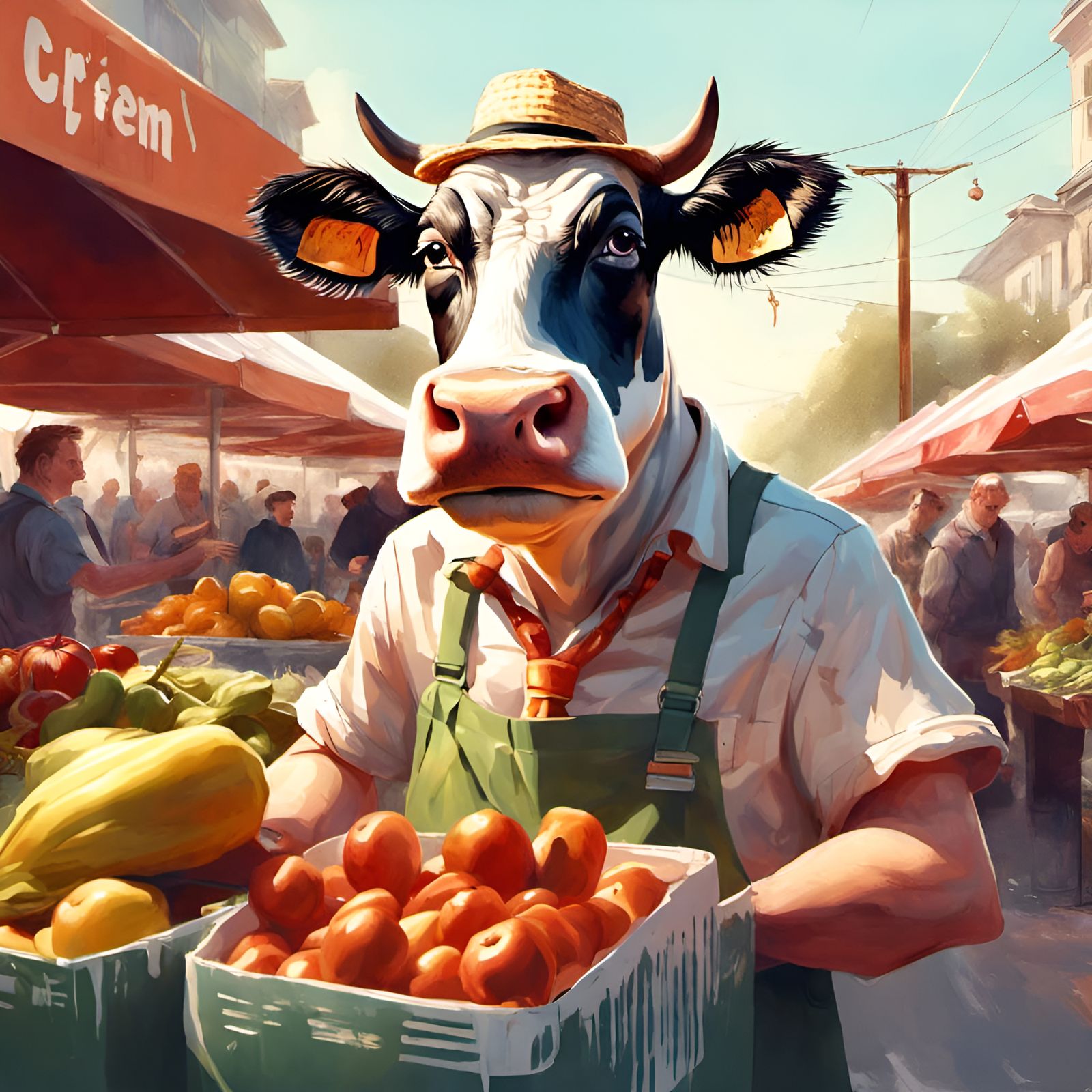 Cow at Farmers Market: Pixar-Style Digital Art