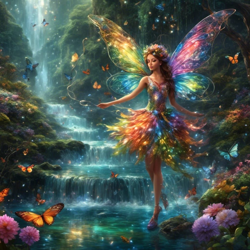 Glittery Fairy in Enchanting Magical Waterfall