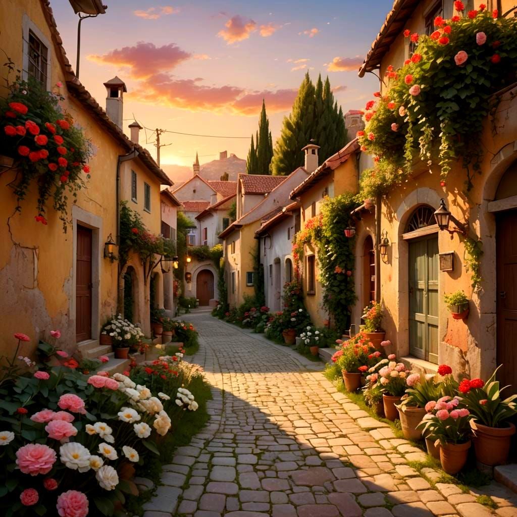 Charming Village Alley at Sunset: A Digital Painting