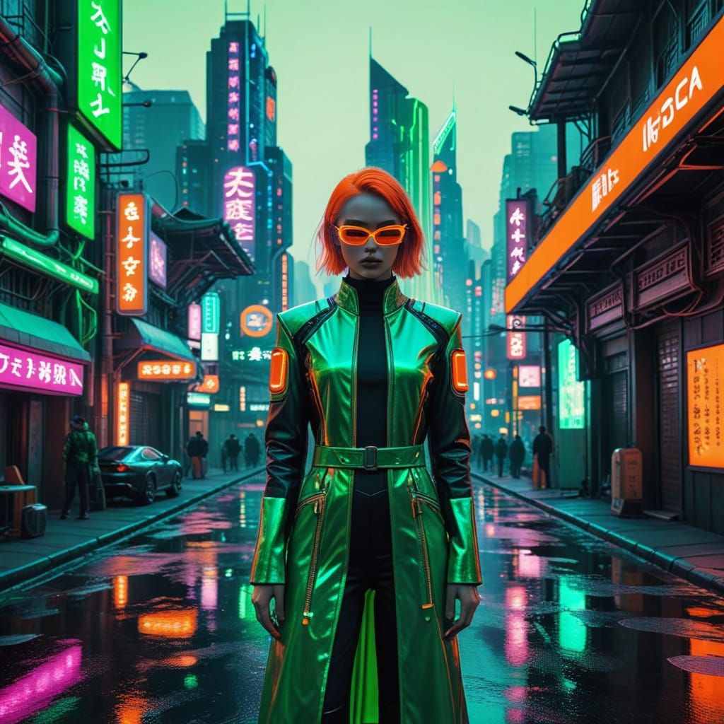 Cyberpunk Cityscape with Oriental Elements in Neon Colors