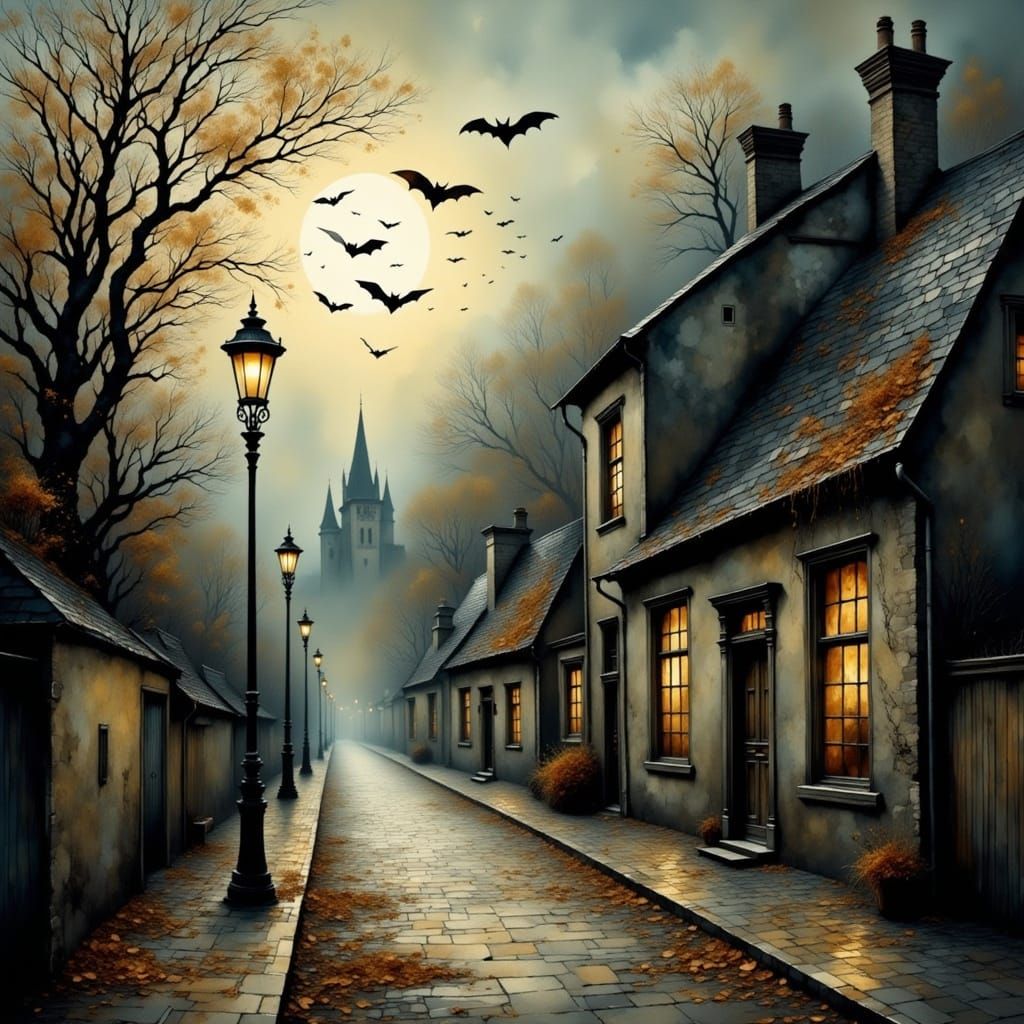 Foggy Autumn Street with Flickering Lamps and Bats