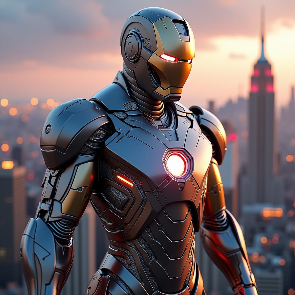 Hyperrealistic 3D Steel Ironman in Dystopian Cityscape