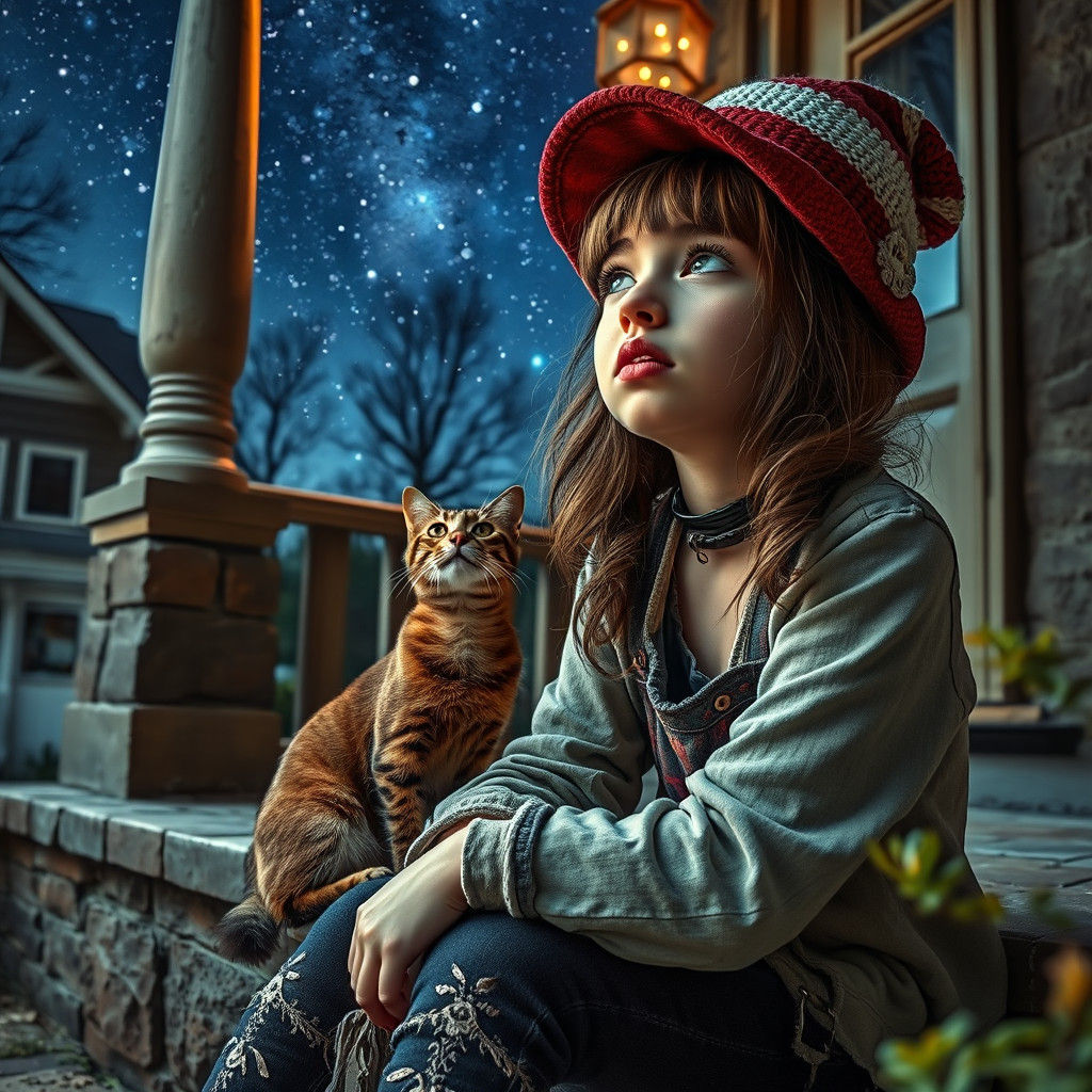 Punk Girl and Cat Gaze at Starry Sky