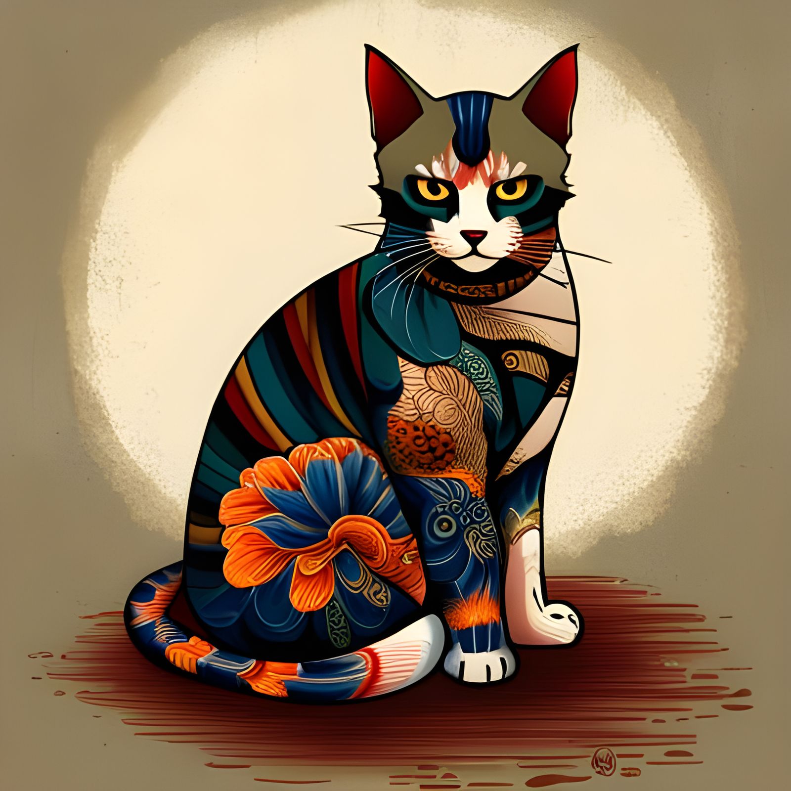 Yakuza Cat with Koi Tattoos in Ukiyo-e Style