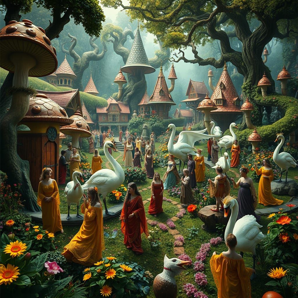 Lush Garden with Fantastical Creatures in Hyperrealism