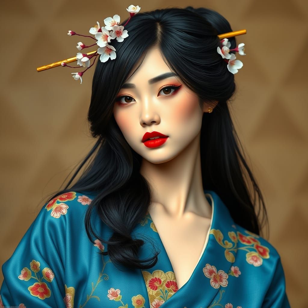 Elegant Asian Woman in Traditional Kimono with Cherry Blosso...