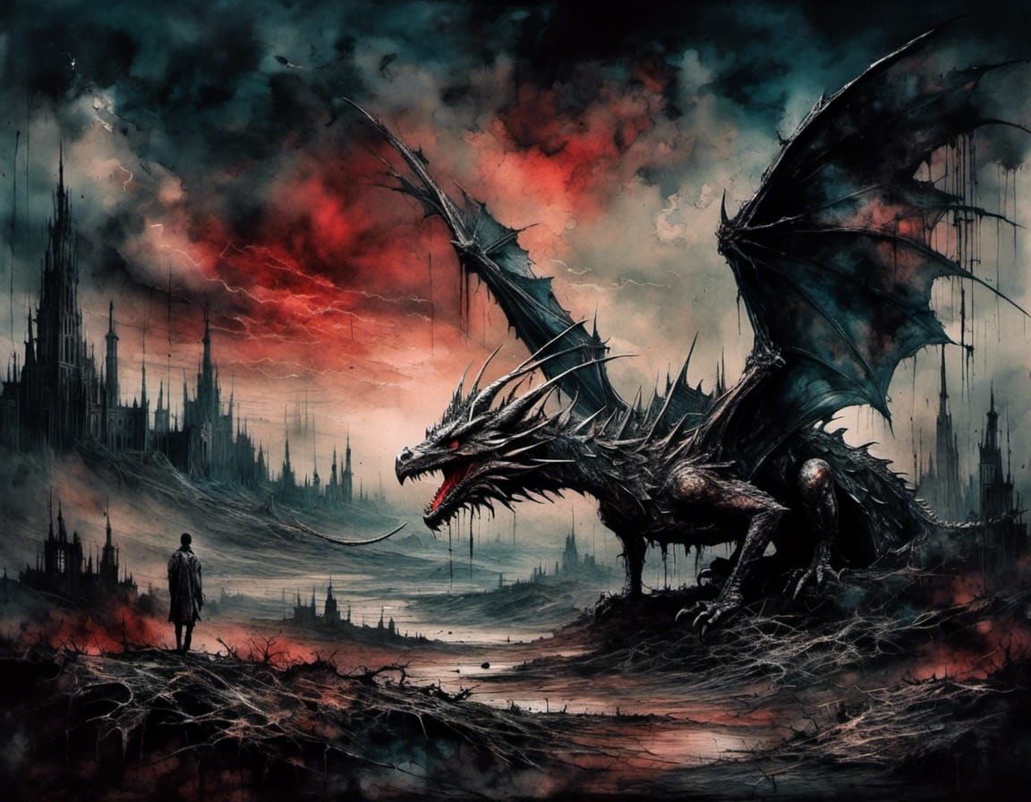 Dramatic Dark Ambient Dragon in Scarlet Landscape