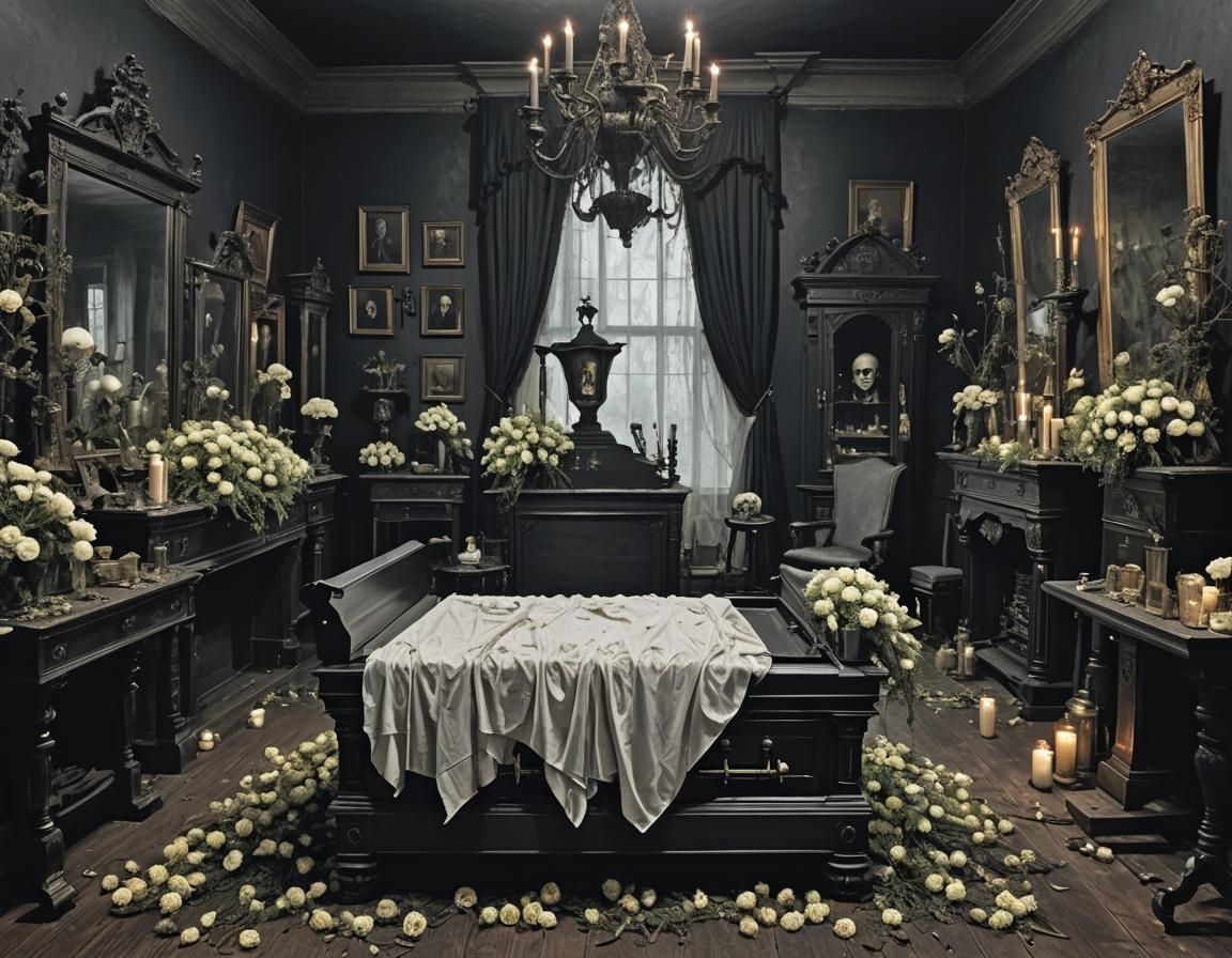 Eerie Gothic Victorian Funeral Parlor Scene