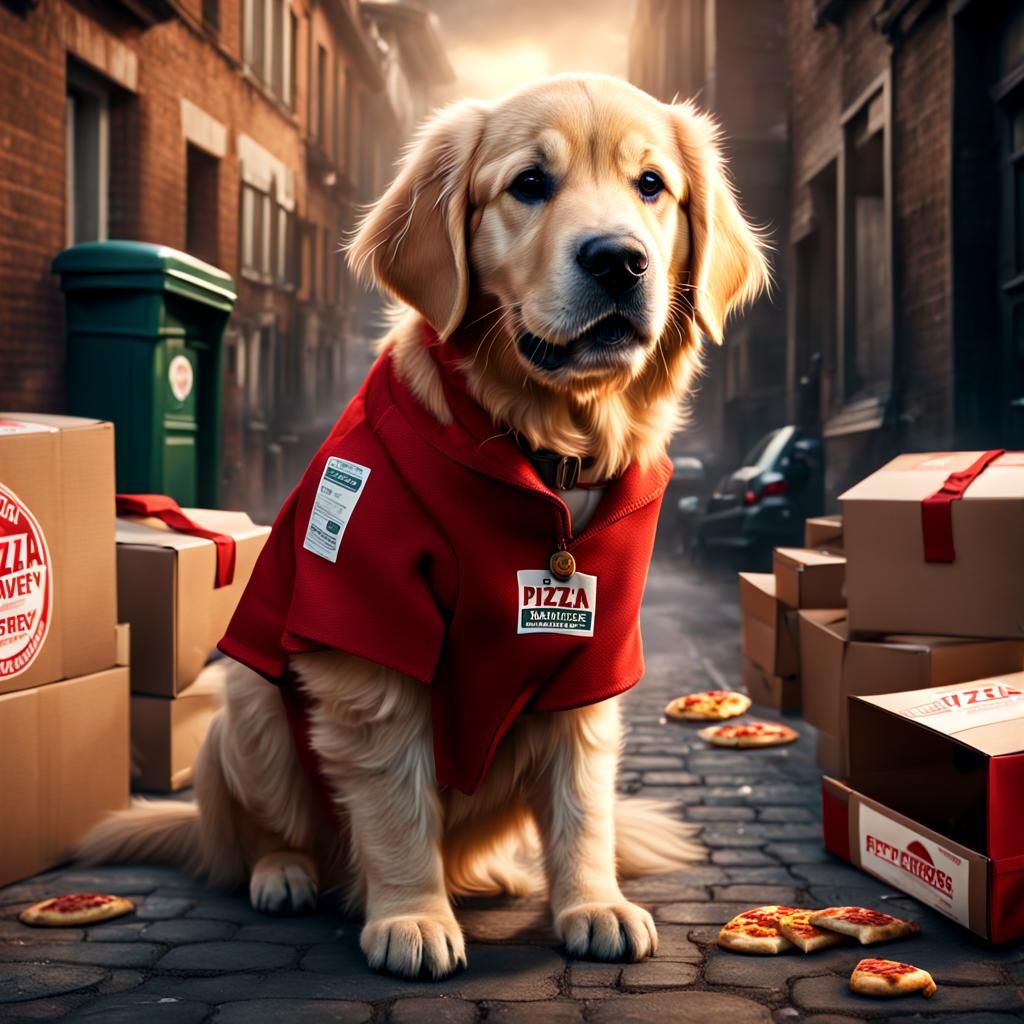Golden Retriever Puppy Pizza Delivery: Digital Matte Paintin...