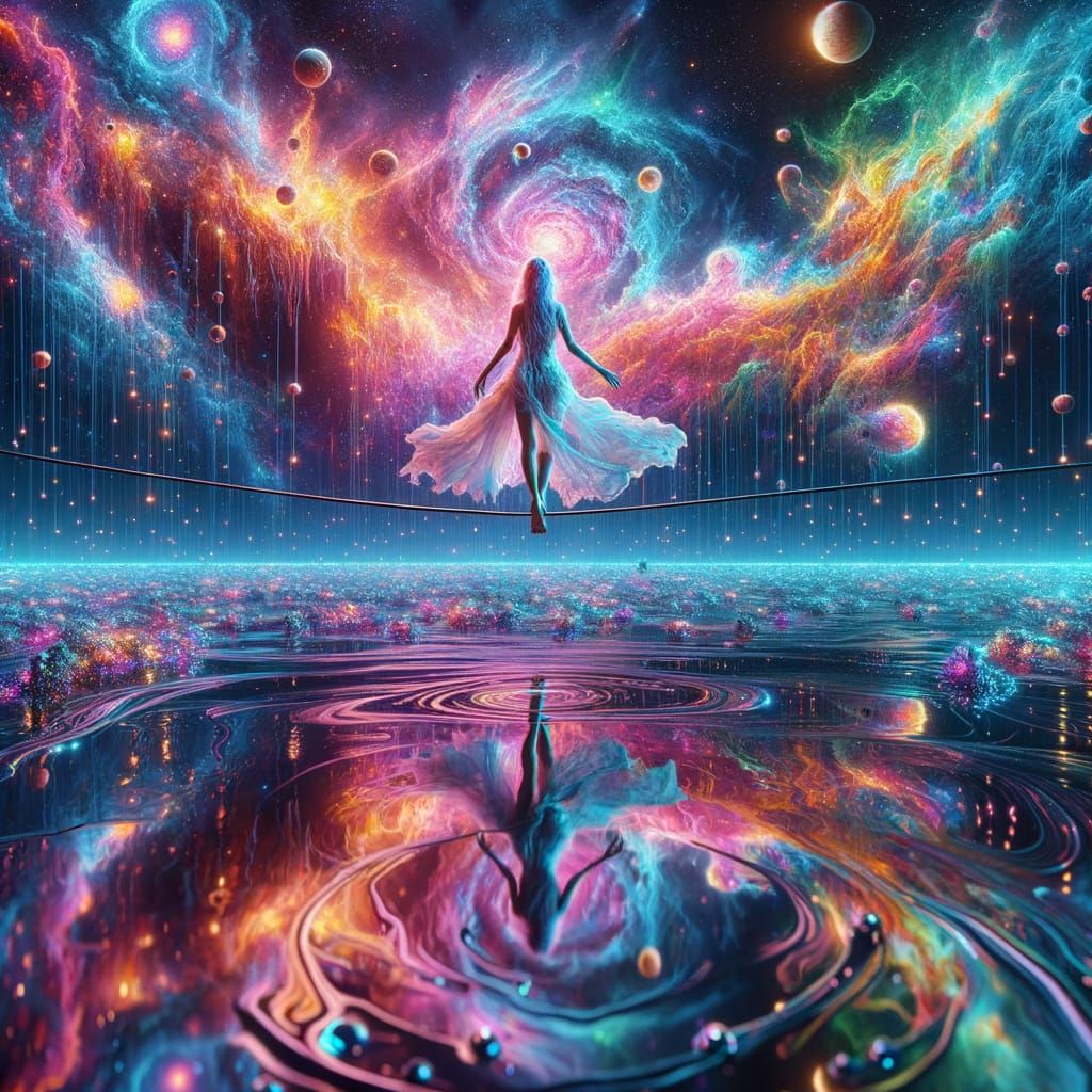 Surreal Goddess Walks Wire Above Glittering Cosmic Pool