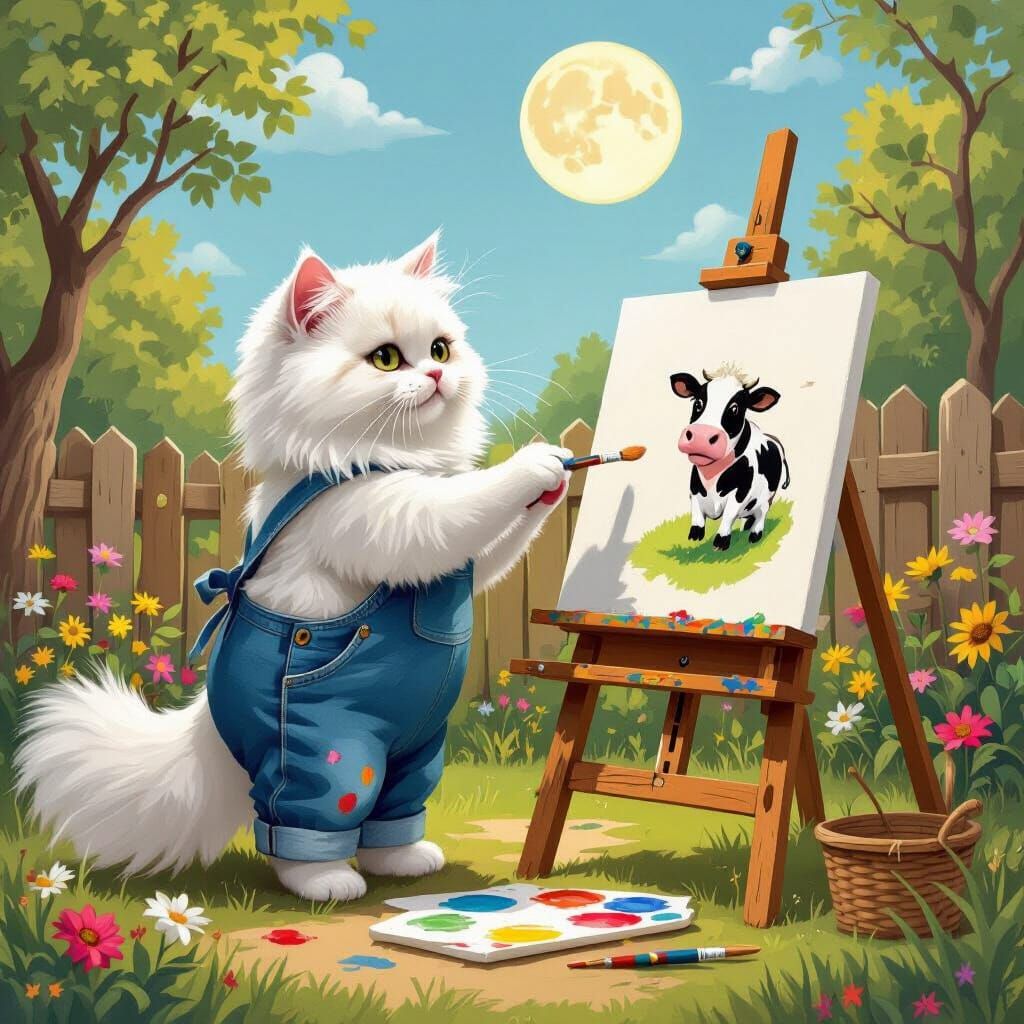 Cat Artist Paints Cow Jumping Over Moon, Whimsical Art