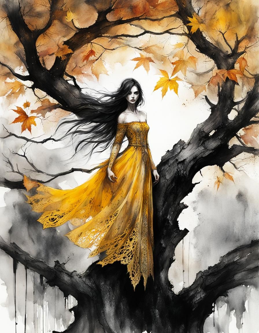 Eerie Witch in Yellow Dress, Watercolour Art