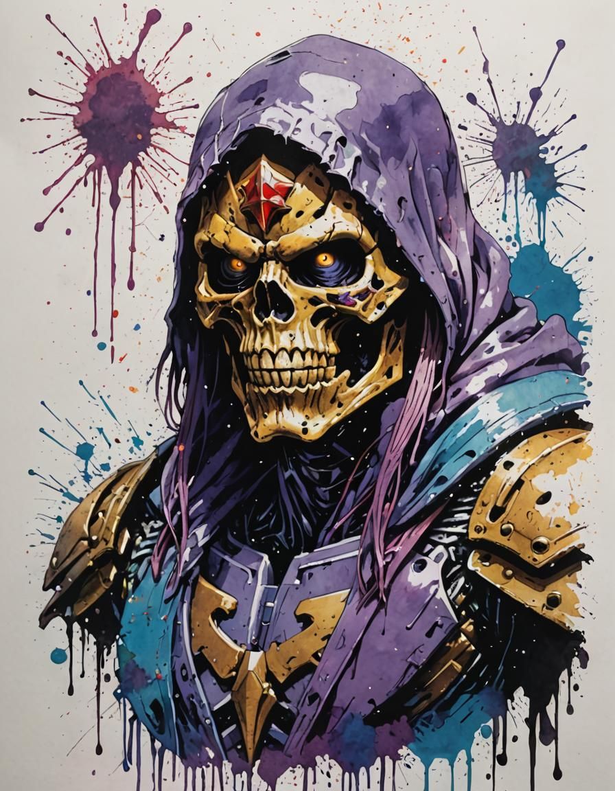 Skeletor, ink splatter, style of Carne Griffiths, masters of...