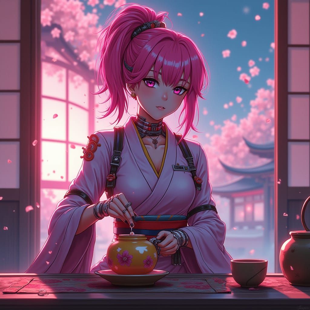 Cyberpunk Anime Woman's Tea Ceremony in Neon Dojo