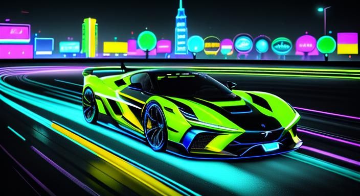Neon Sports Car in City Graffiti Art