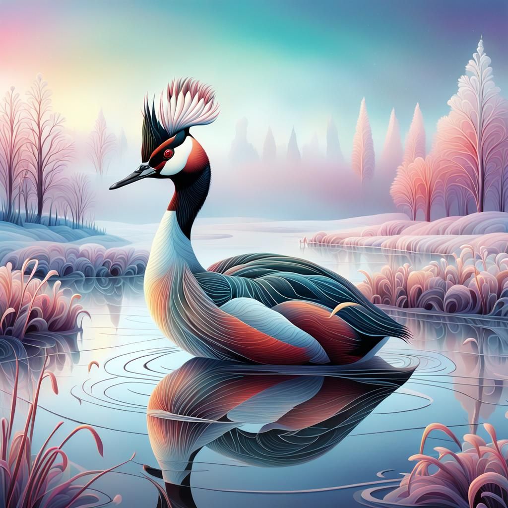 Great Crested Grebe in a Zentangle Landscape