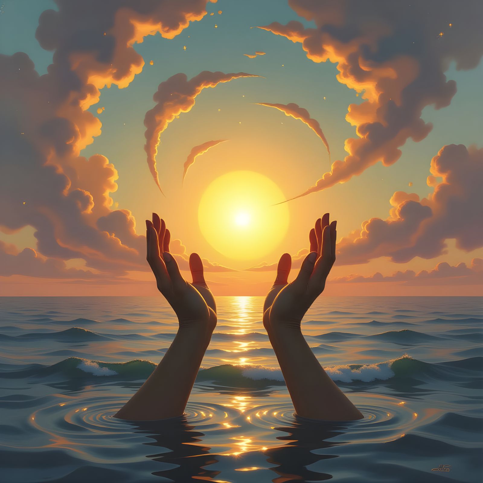 Giant Hands Lift Sun From Horizon In Divine Surrealism
