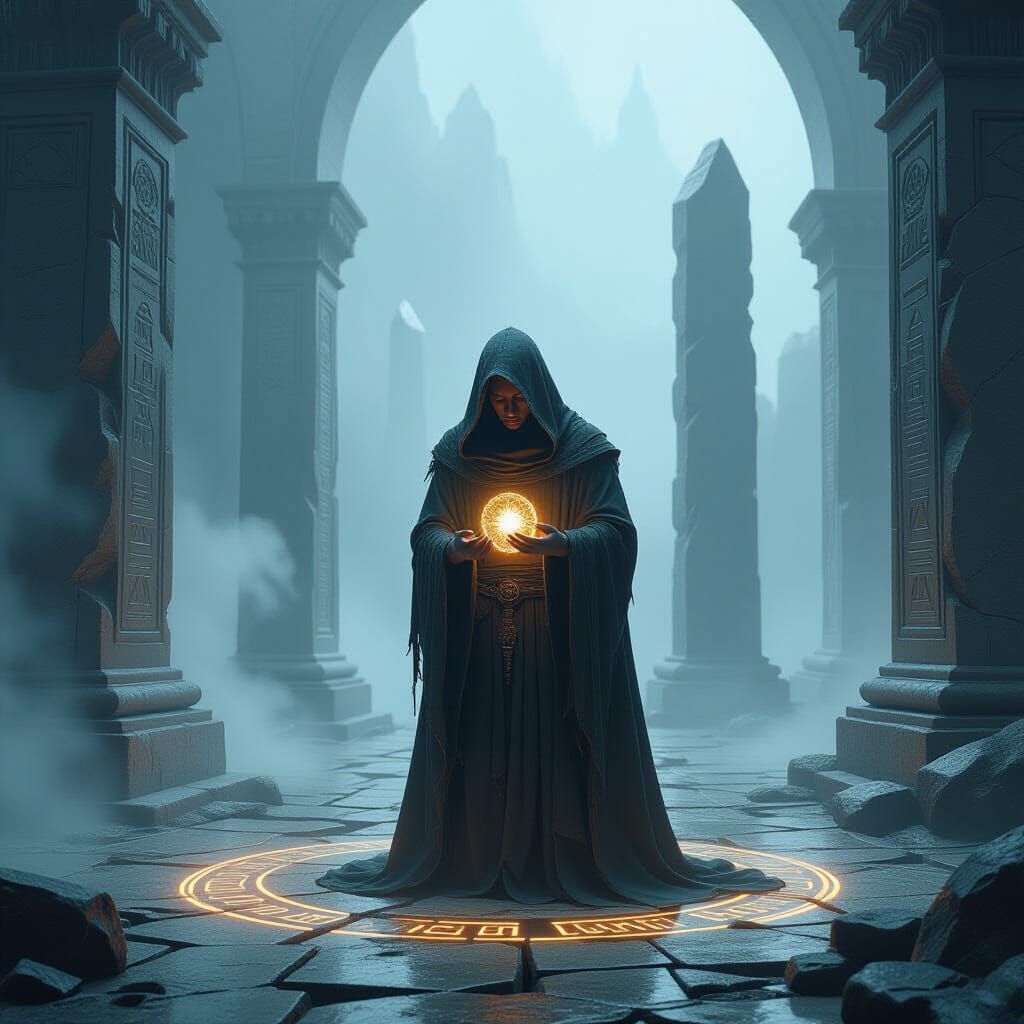 Mystical Figure Studies Glowing Runes in Fog