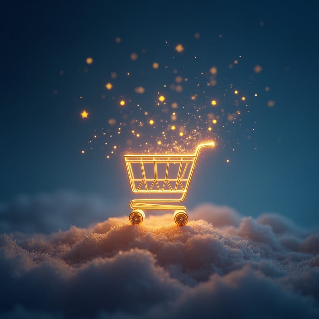 Golden Shopping Cart Amidst Celestial Blue