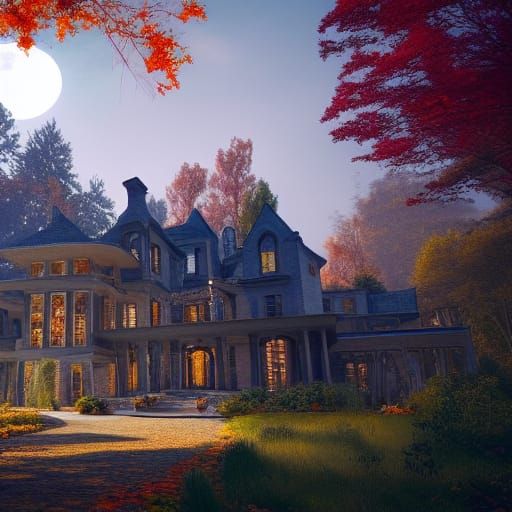 Modern Mansion in Autumn Woods at Moonlight