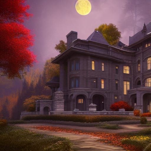 Autumn Mansion in Moonlight: Fantasy Concept Art