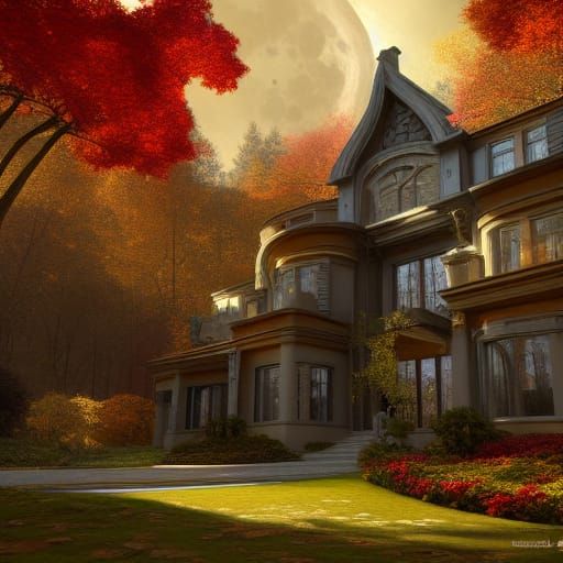 Autumn Mansion in Moonlight: Fantasy Concept Art