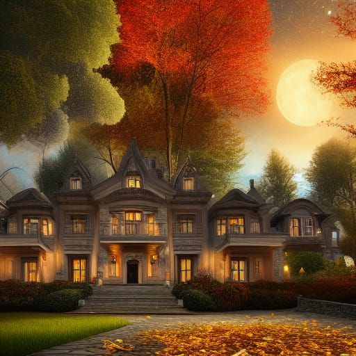 Modern Mansion in Autumn Woods: Fantasy Concept Art
