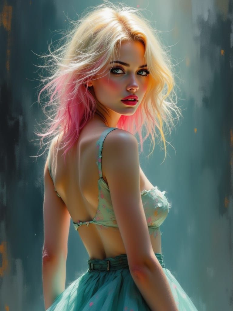 Blonde Pin-Up with Pink Tips and Teal Skirt