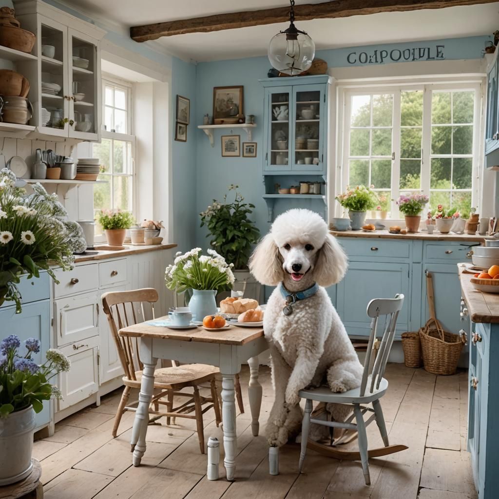French Cottage Dining Room with Poodle