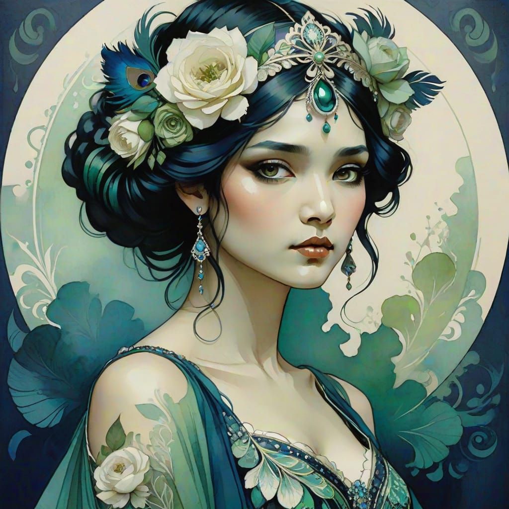 Art Nouveau Portrait of Woman with Peacock Diadem