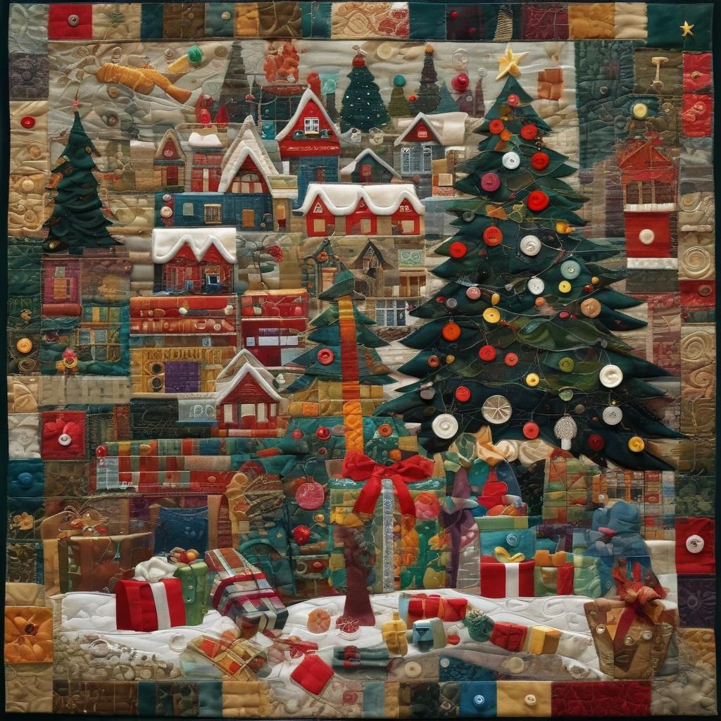 Colorful Quilted Christmas Scene Collage with Mixed Media