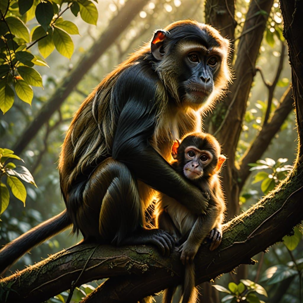 Mama Monkey Embracing Her Baby in a Warm Forest Glow