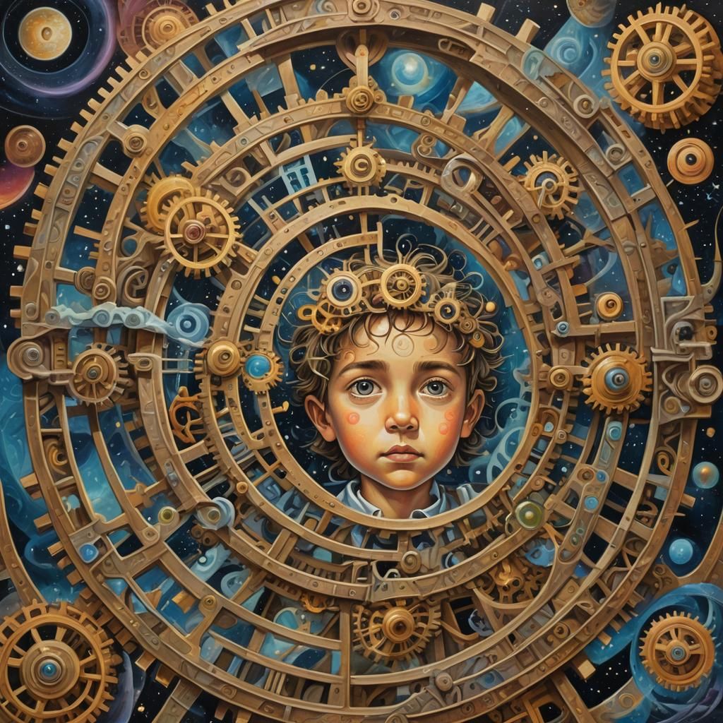 Cosmic Mechanism Oil Painting with Celestial Glow