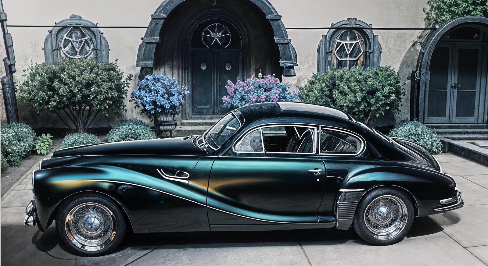 Retro Dark Coupe in English Garden at Night