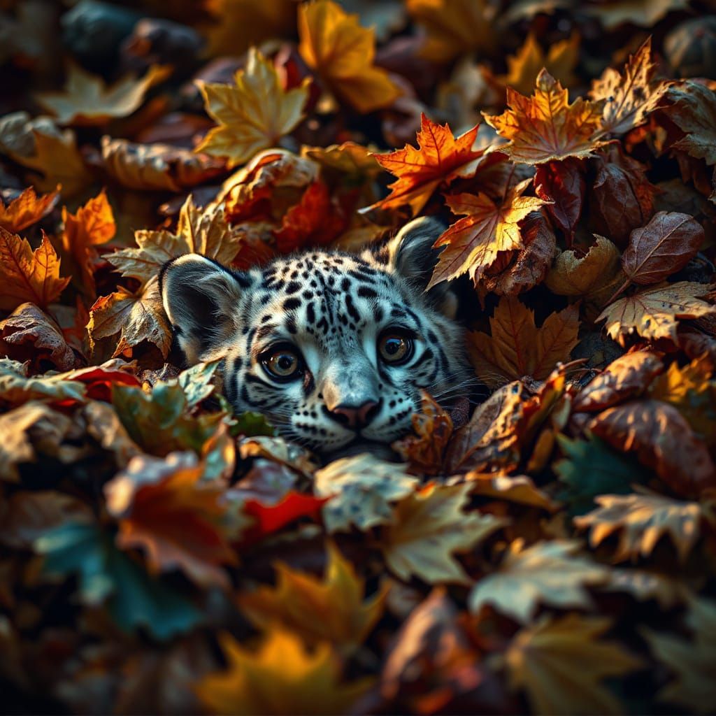 Cute Snow Leopard Hiding in Autumn Leaves