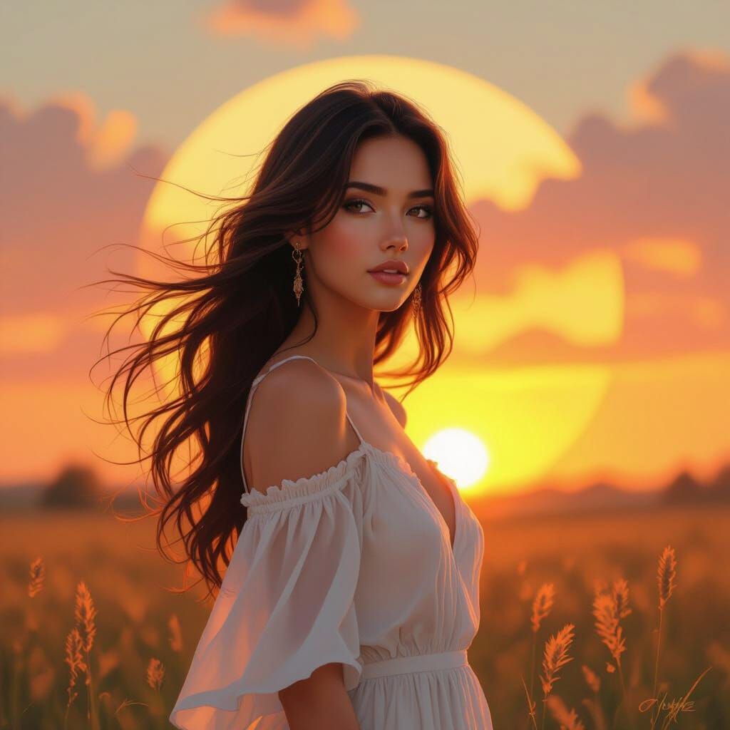 Sunset Silhouette of Woman with Flowing Hair