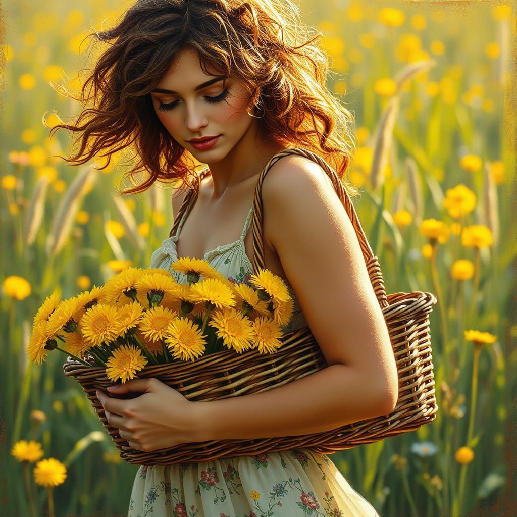 Woman in Dandelion Sundress with Fresh Flowers