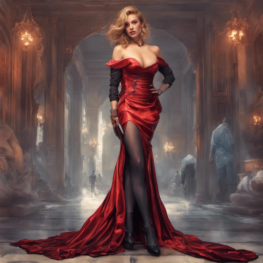 Girl in Crimson Corset Dress: Hyperrealistic Portrait