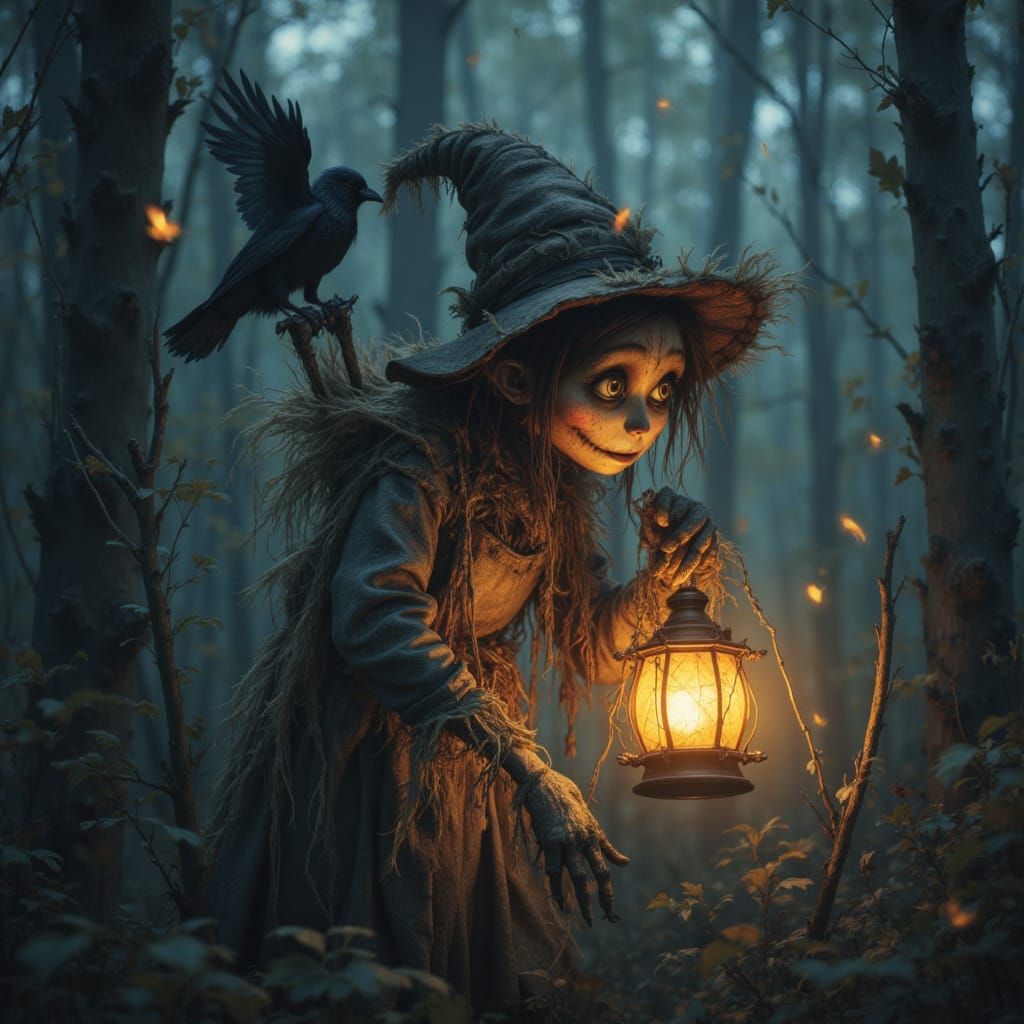 Anthropomorphic Scarecrow in Dark Forest, Fantasy Realism