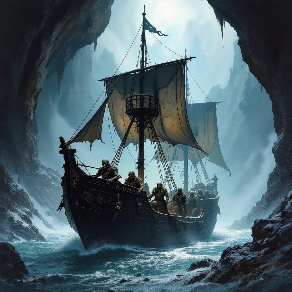 Skeletal Warriors Sail Mystical Ship from Snowy Mountain Cav...