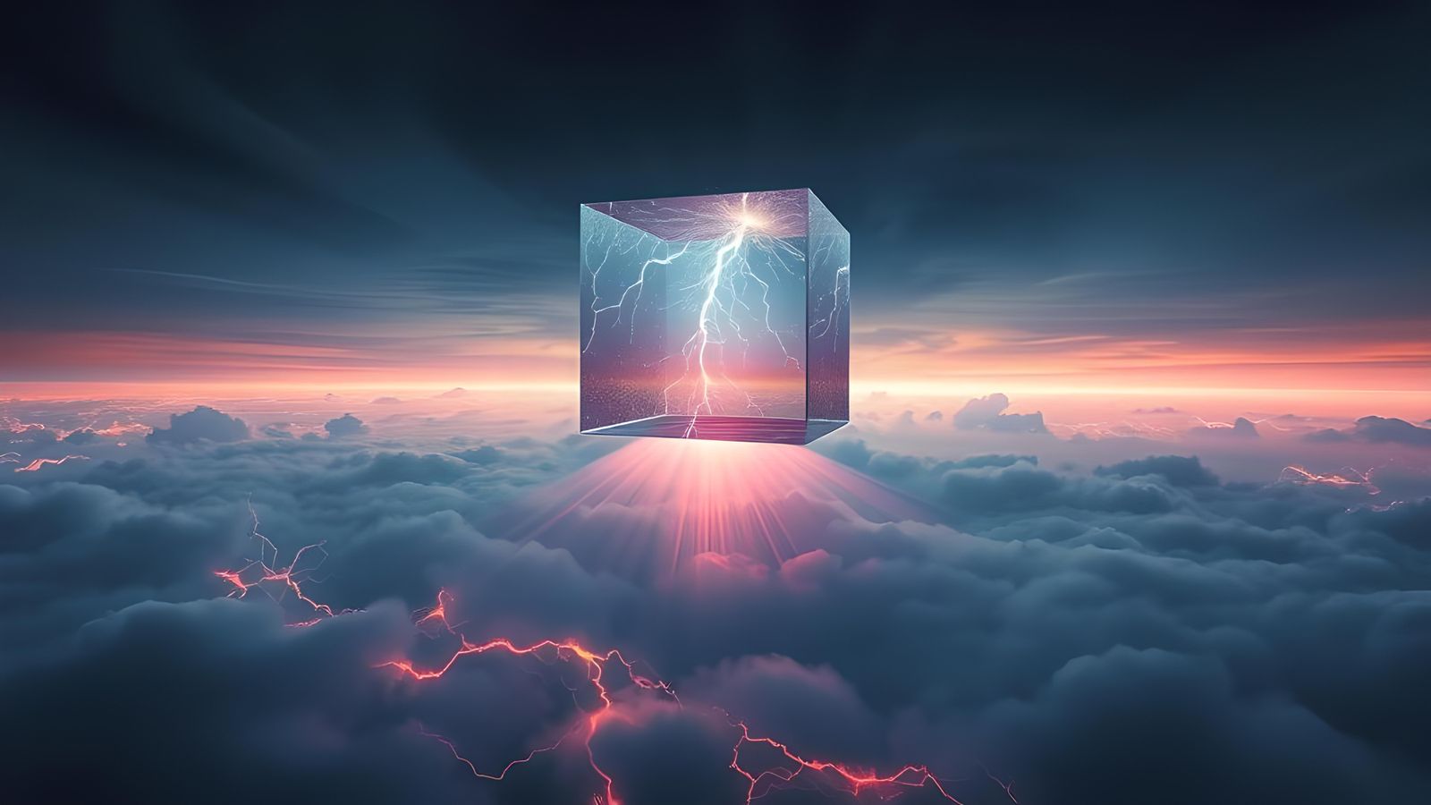 Neon Storm in Glass Cube, Hyper-Detailed Abstract Art