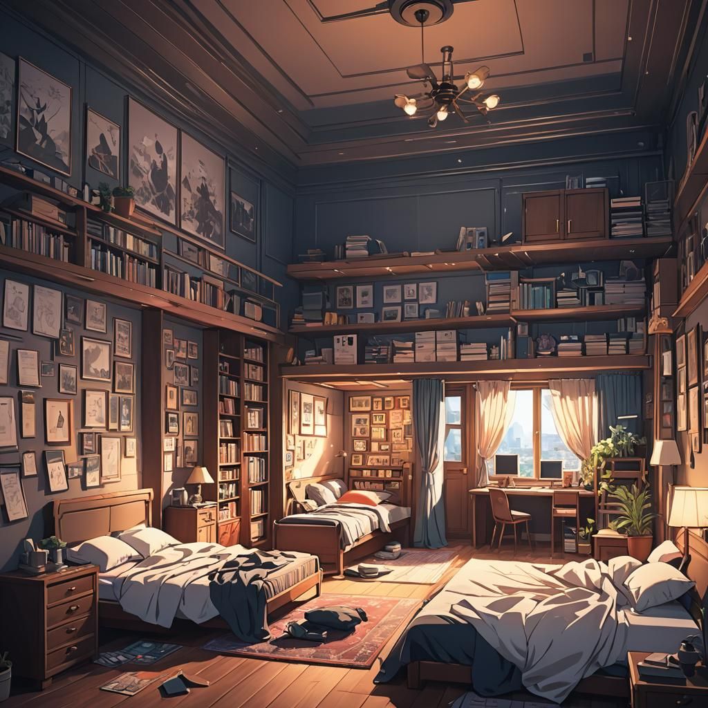 Anime-Style Bedroom with Deep Color and Lighting