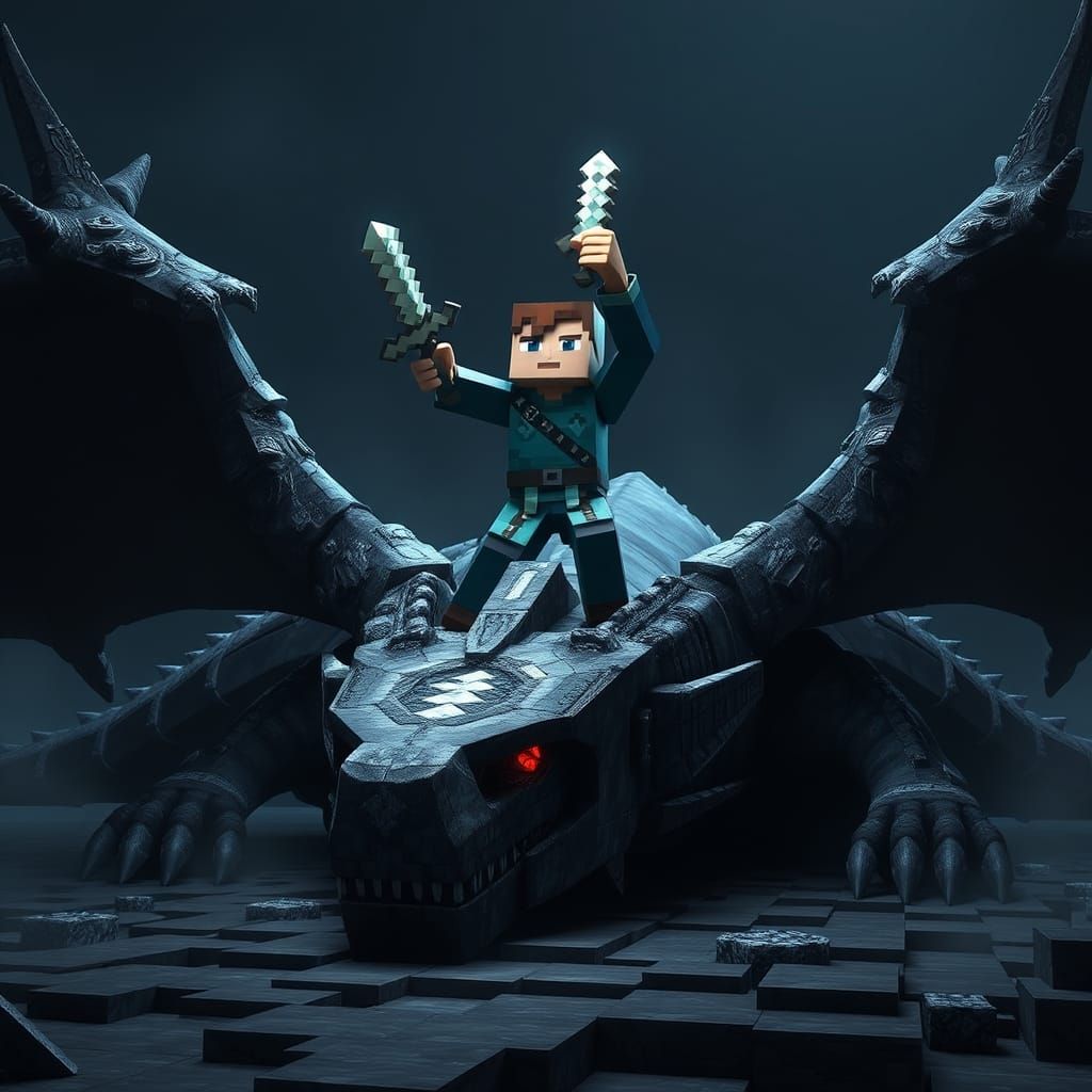 Minecraft's Steve Conquers the Ender Dragon in a Pixelated M...