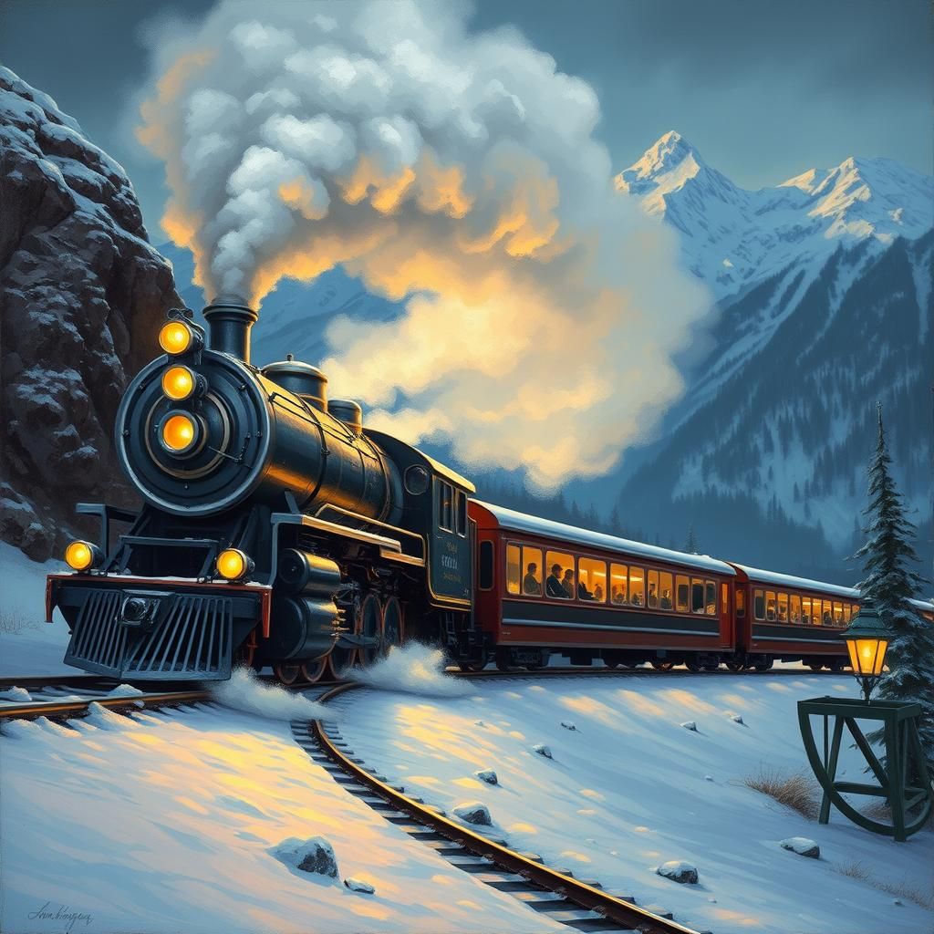 Steam Engine Journey Through Snowy Mountains at Night