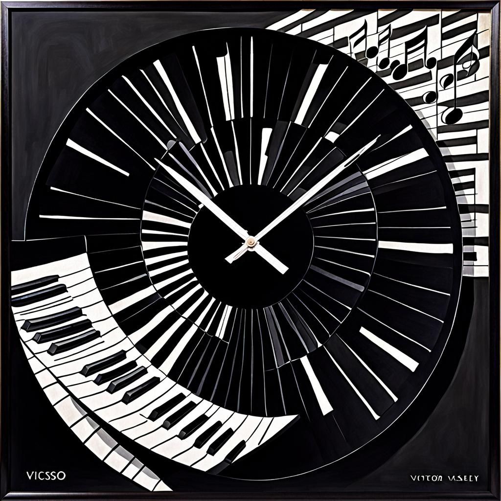 Abstract Piano with Clock in Op Art Style