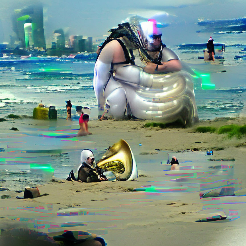 Cyberpunk Tuba Player on a Futuristic Beach