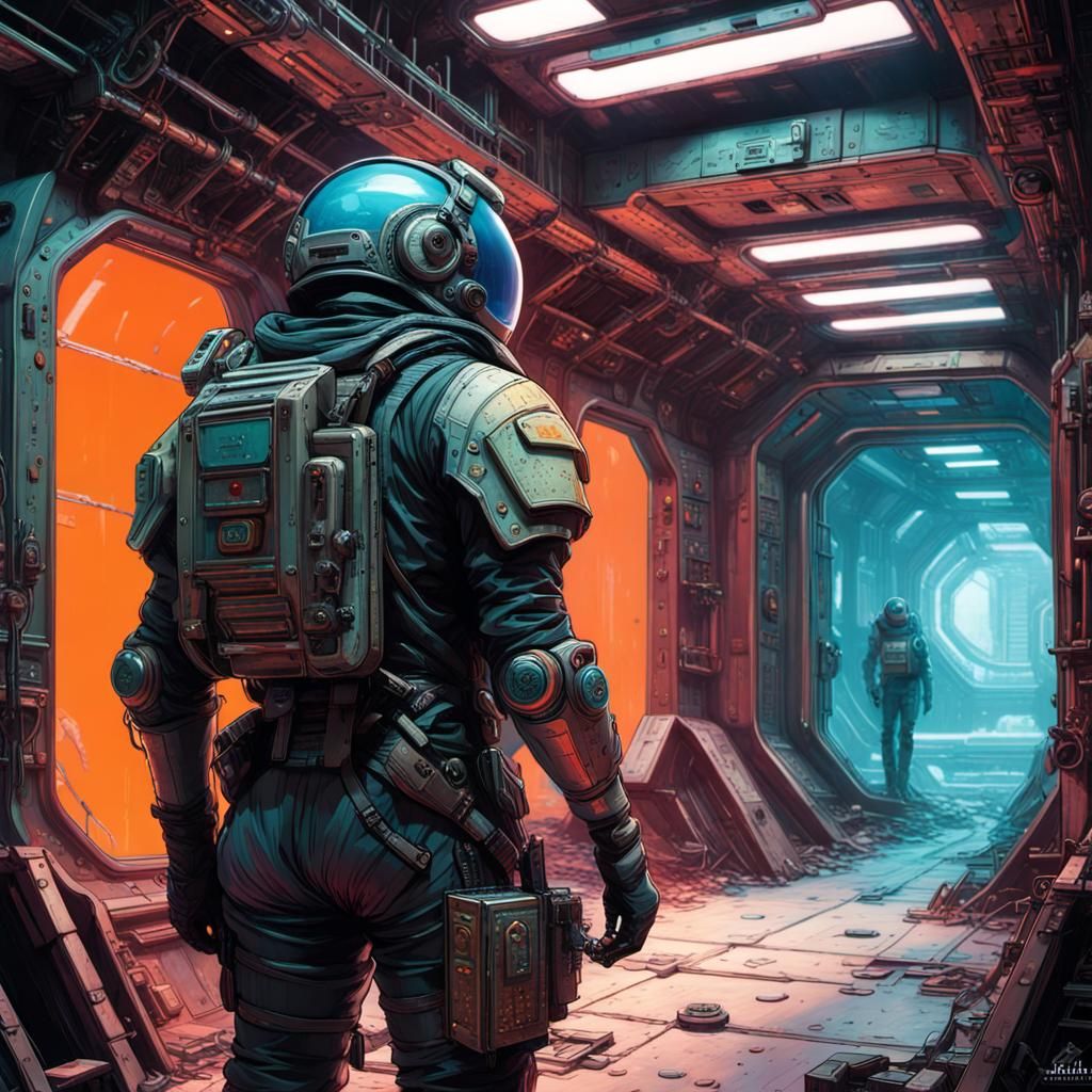 Cyberpunk Soldier Explores Abandoned Station in Noir Style